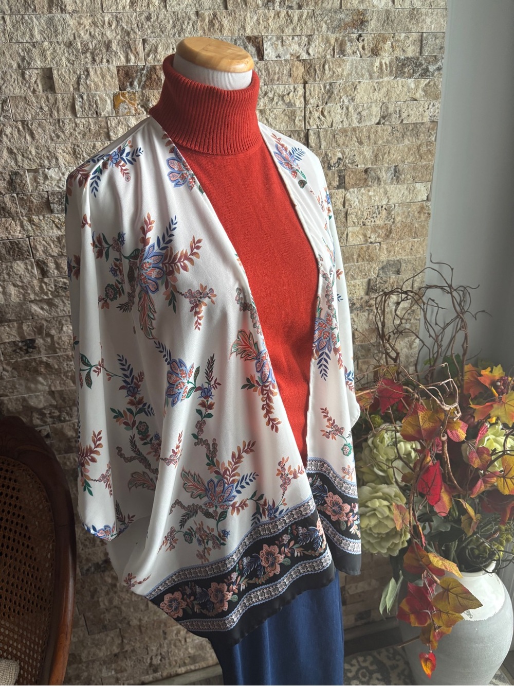 Lightweight Floral Border Open-Front Tunic Kimono - White with Multicolor Floral
